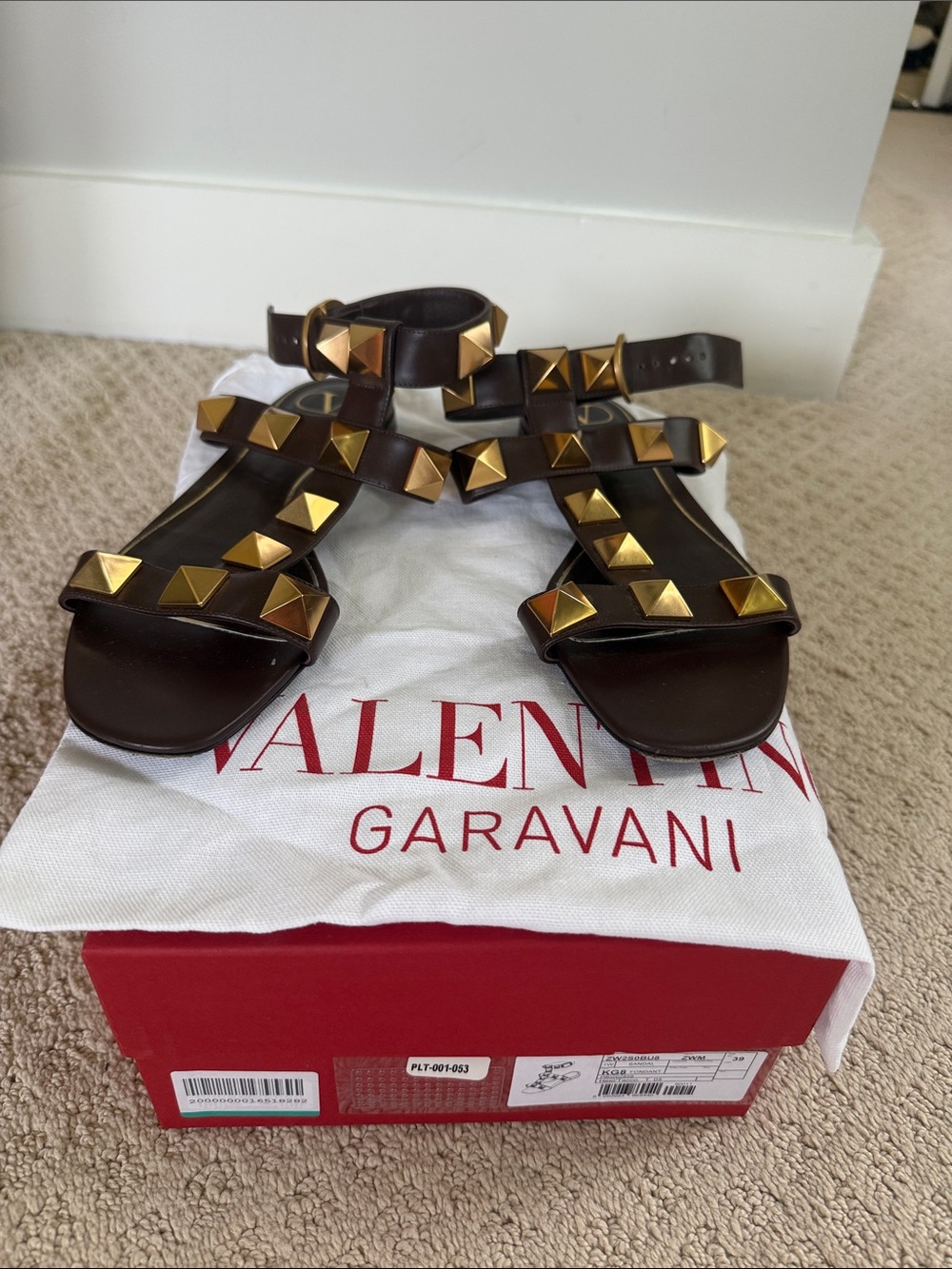 Valentino Garavani Brown Leather Rockstud Flat Sandals with Gold Studs